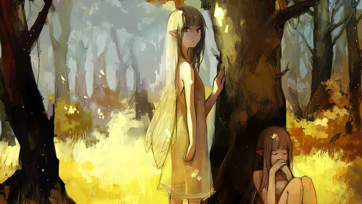 papel de parede digital de personagens de anime feminino, anime, arte de fantasia, meninas anime, duendes de madeira, floresta, garota de fantasia, HD papel de parede