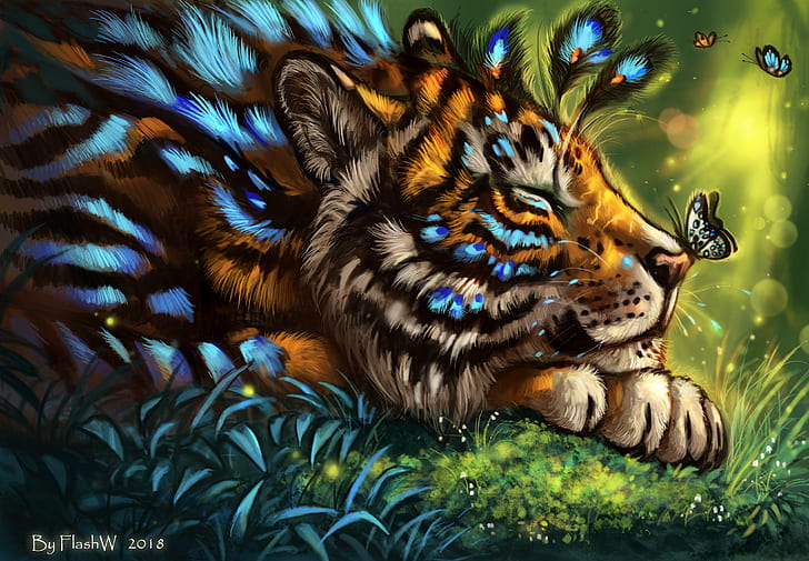 Camiseta Mariposa Tigre Animales Arte Colorido Tinta Wild Cat dibujo del color P245 