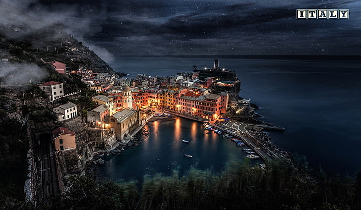 gray village, cityscape, night, lights, sea, Italy, Liguria, Vernazza, HD wallpaper