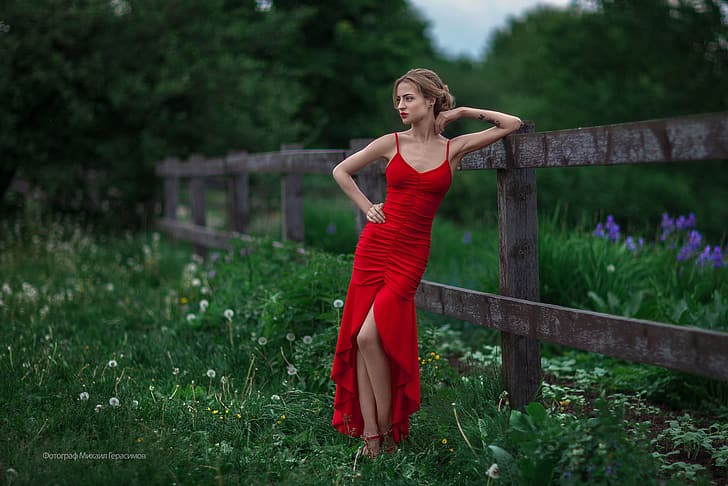 greens, grass, trees, flowers, nature, sexy, model, the fence, makeup, figure, dress, tattoo, hairstyle, beauty, is, dandelions, in red, posing, bokeh, fence, Margo, Mikhail Gerasimov, poles, HD wallpaper