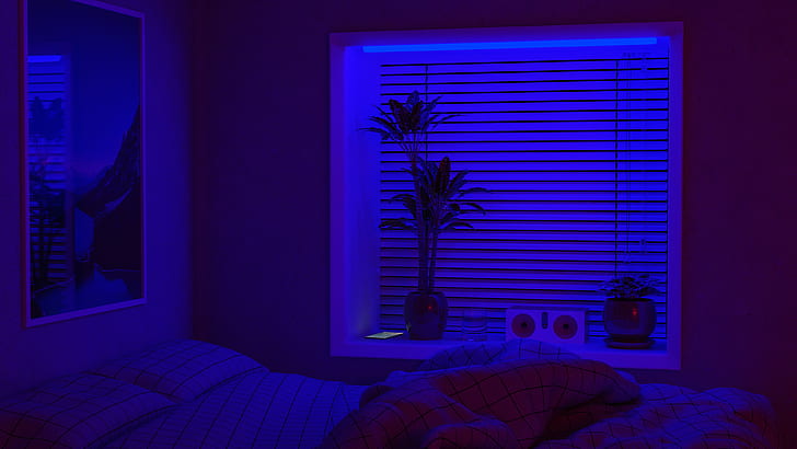 bedroom, room, plants, bed, poster, palm trees, neon, interior, interior design, CGI, digital art, Chill Out, relaxation, HD wallpaper