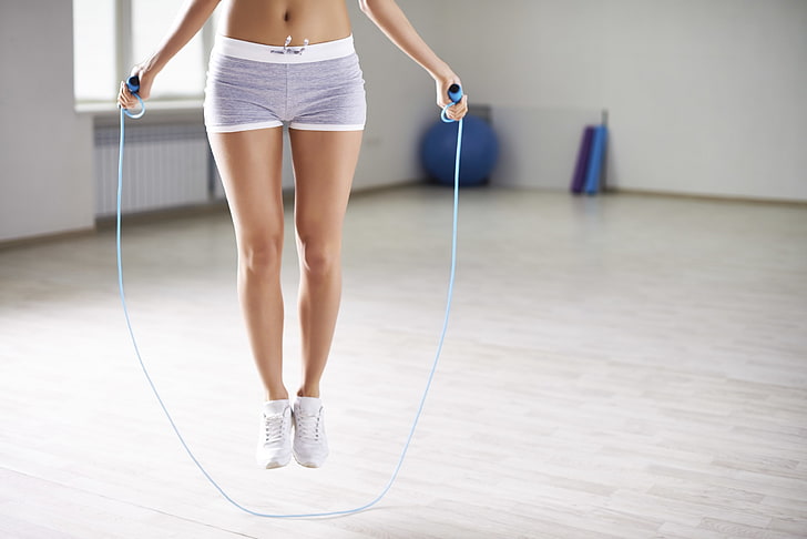blue skipping rope, fitness, gym, slippers, aerobic, jump rope, HD wallpaper