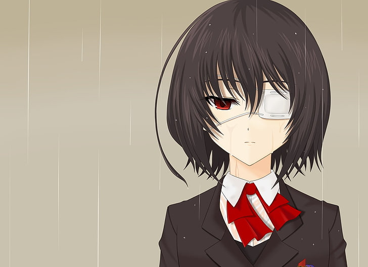 female anime character with one eye, misaki mei, girl, brunette, rain, eye patch, HD wallpaper
