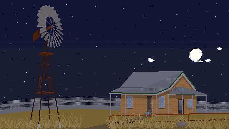 коричневая иллюстрация дома, pixelated, pixel art, пиксели, 8-разрядный, природа, дом, ночь, луна, звезды, турбины, HD обои
