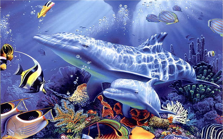 عالم الحيوانات تحت الماء الشعاب المرجانية بألوان مختلفة أسماك البحر الملونة الغريبة والخيول الفنية عالية الدقة 2560 × 1600، خلفية HD