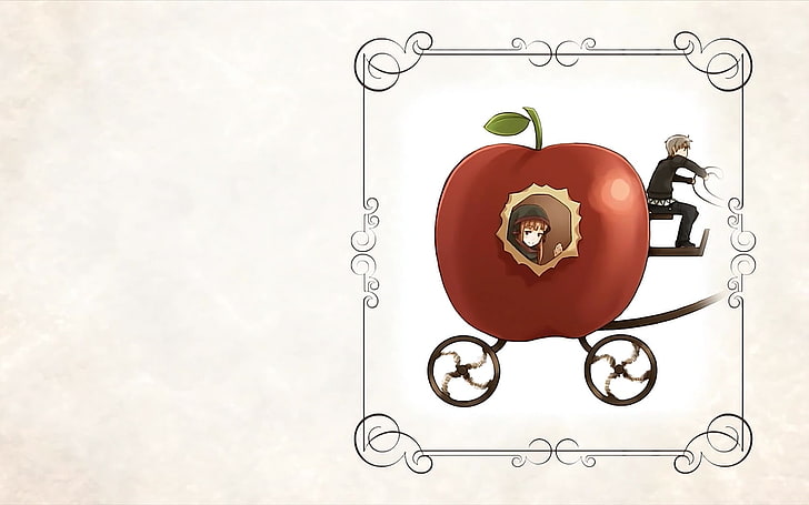 red apple carriage illustration, Spice and Wolf, Holo, Lawrence Kraft, apples, Okamimimi, anime girls, HD wallpaper