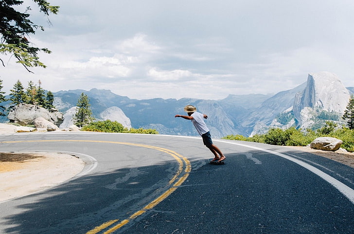 skateboarding, mountains, road, HD wallpaper