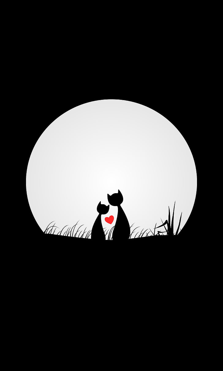 tapeta z dwoma czarnymi kotami, koty, miłość, sylwetki, noc, księżyc, Tapety HD, tapety na telefon