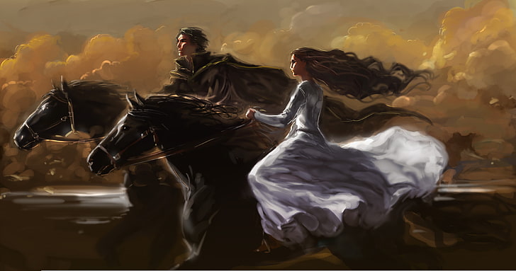 man and woman riding on horses, girl, clouds, horse, art, mane, guy, jump, HD wallpaper