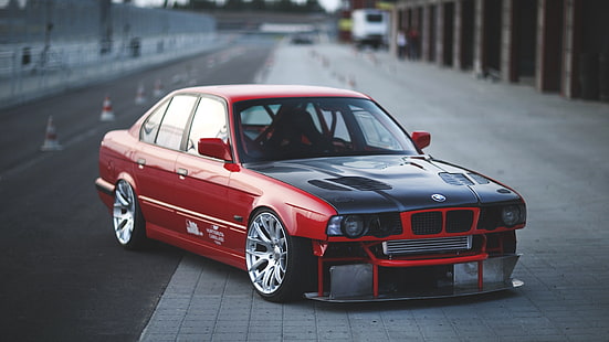 красный BMW E32 седан, bmw, e34, красный, автомобили, вид сбоку, спорт, HD обои HD wallpaper