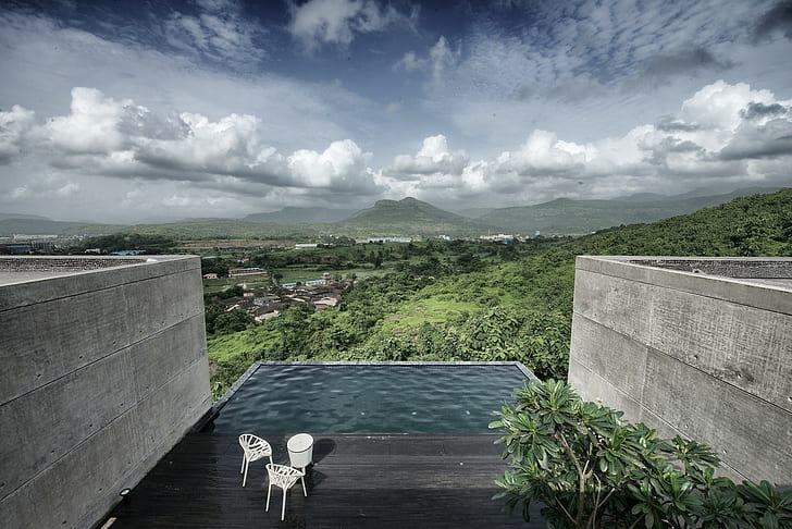 terrazas, nubes, piscina, balcón, montañas, moderno, Fondo de pantalla HD