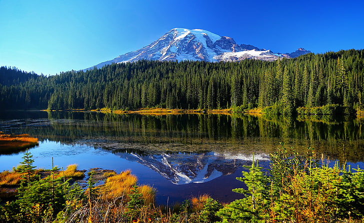 autumn, forest, water, trees, mountains, lake, reflection, Mount Rainier National Park, Reflection Lake, HD wallpaper