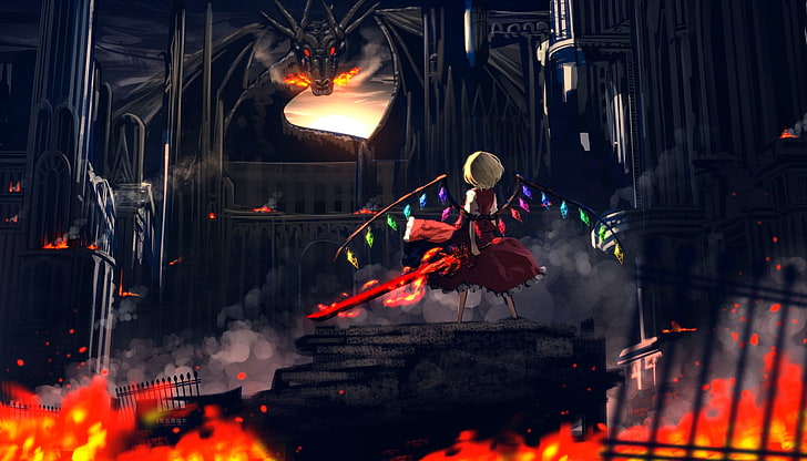 touhou, flandre scarlet, back view, dragon, fire, sword, crystal wings, Anime, HD wallpaper