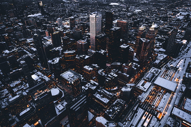 foto aérea de edificios de gran altura, foto aérea de edificios de la ciudad, paisaje urbano, rascacielos, luces, calle, edificio, Fondo de pantalla HD