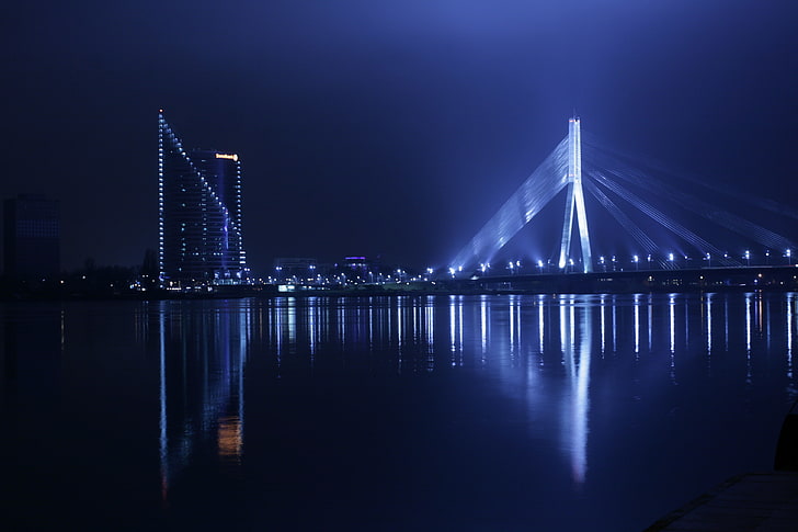 lights, bridge, water, night, staro Riga, Daugava, Riga, HD wallpaper