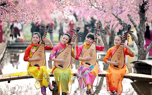 4人の中国人の女の子がピパを演奏、4人の中国人の女の子、ピパを演奏、ピパ、 HDデスクトップの壁紙 HD wallpaper