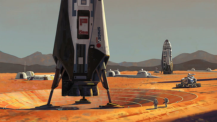 ilustracja dwóch białych promów kosmicznych, sztuka cyfrowa, SpaceX, statek kosmiczny, science fiction, Tapety HD