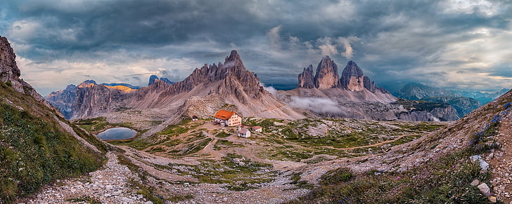 nature, landscape, panoramas, mountains, lake, wildflowers, Alps, Italy, clouds, summer, hotel, cabin, HD wallpaper
