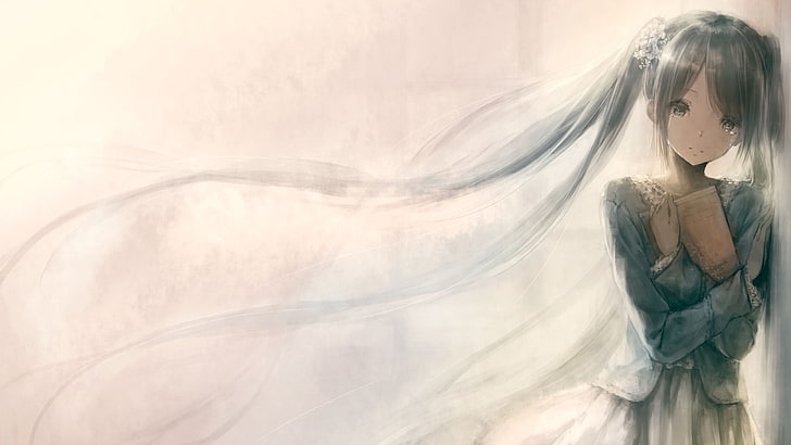 Ilustração de personagem de anime feminino de cabelos grisalhos, anime, meninas anime, Vocaloid, Hatsune Miku, twintails, chorando, cabelos longos, livros, HD papel de parede