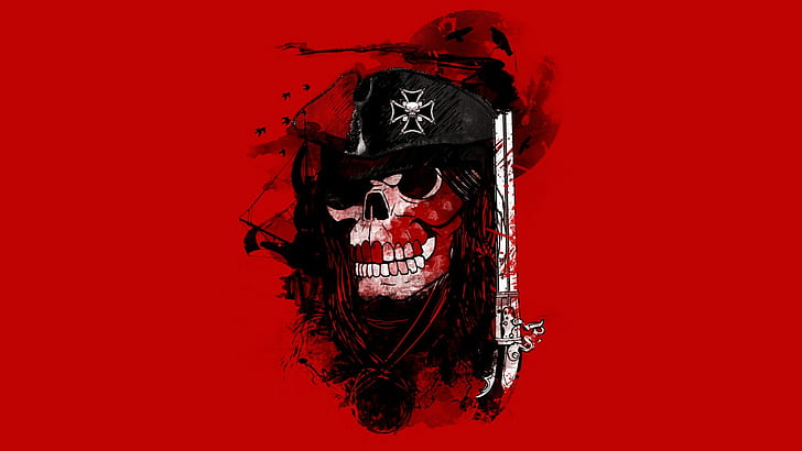 Red Pirate Skull HD, czaszka z animowaną fotografią strzelby, cyfrowa / grafika, czerwona, czaszka, pirat, Tapety HD
