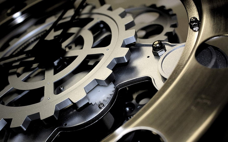 gold-colored and gray skeleton watch, clockwork, HD wallpaper