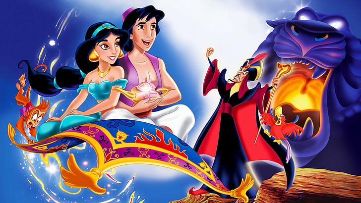 Aladdin Princess Jasmine Wizard Jafa And Parrot Lago Wallpaper Hd за Desktop Full Screen 1920 × 1080, HD тапет