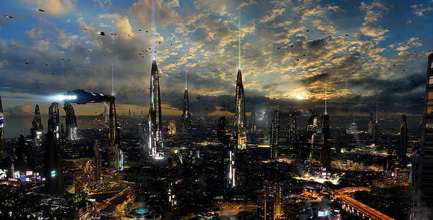 високи сгради със светлини, облаци, град, светлини, бъдеще, сграда, път, планета, кораби, други светове, научна фантастика, кули, футуристичен град 4, писта, научна фантастика, футуристичен пейзаж, Rich35211, Скот Ричард, HD тапет HD wallpaper