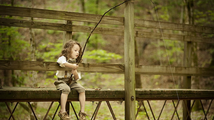 fishing-little-girl-kids-rod, photography, HD wallpaper