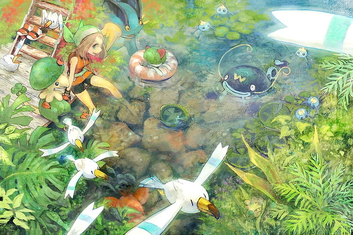 bitki karakter dijital wallpaer, anime, Mayıs (pokemon), peyzaj, pokemon üçüncü nesil yanında köprü üzerinde oturan kız, HD masaüstü duvar kağıdı