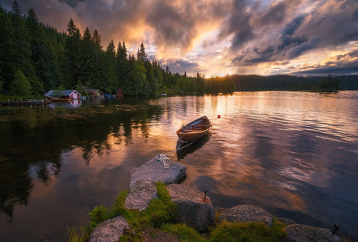lake, boat, Norway, Lakeside, Ringerike, HD wallpaper