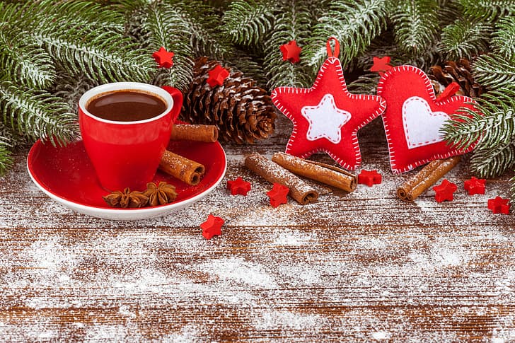 snow, decoration, heart, New Year, Christmas, wood, winter, cup, coffee, a Cup of coffee, Merry, fir tree, fir-tree branches, HD wallpaper
