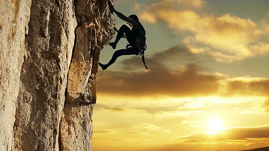 alpinismo, salita, scogliera, tramonto, raggio di sole, sport, Sfondo HD HD wallpaper