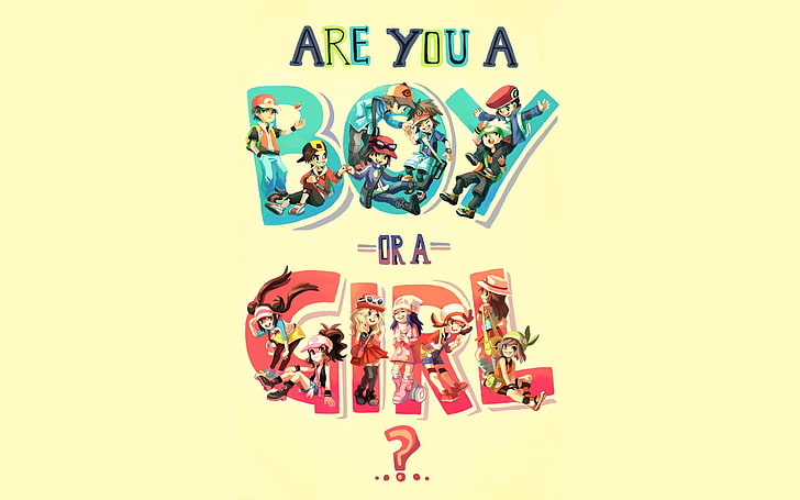 are you a boy or a girl text, Pokémon, Red (Pokemon), May (pokemon), Dawn (Pokemon), Hilda (pokemon), onemegawatt, HD wallpaper