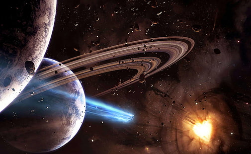 Explosion Space, Saturn, 3D, Weltraum, Pflanzen, HD-Hintergrundbild HD wallpaper