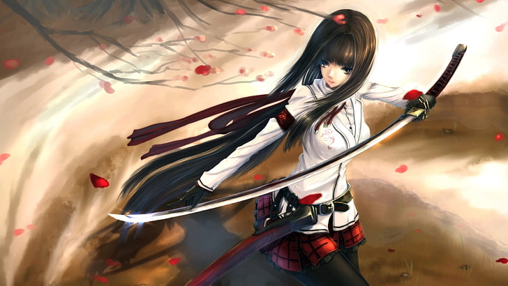 donna dai capelli neri con spada illustrazione, anime girls, anime, capelli lunghi, katana, spada, personaggi originali, Sfondo HD