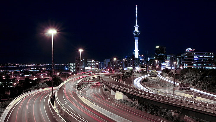 paesaggio urbano, lunga esposizione, strada, luci, Auckland, Sfondo HD