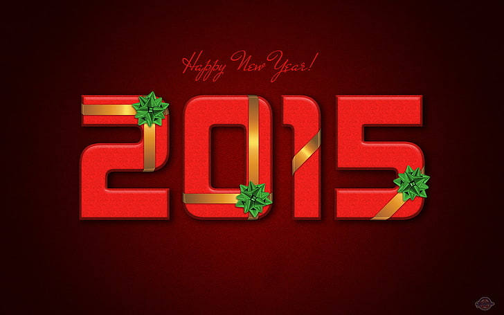 Happy New Year! 2015 text, tape, holiday, new year, bow, red background, 2015, HD wallpaper