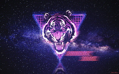 ilustrasi harimau, harimau, luar angkasa, neon, synthwave, New Retro Wave, Retrowave, tipografi, Photoshop, Wallpaper HD HD wallpaper