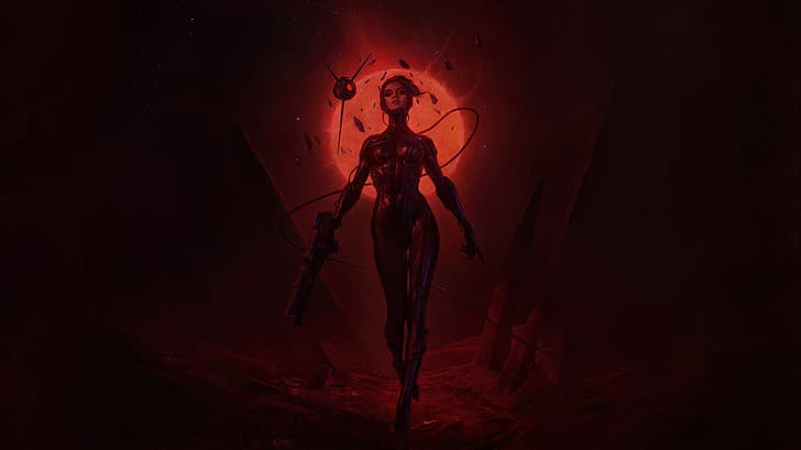 Eva Kosmos, women, red, Sun, weapon, dark, walking, HD wallpaper