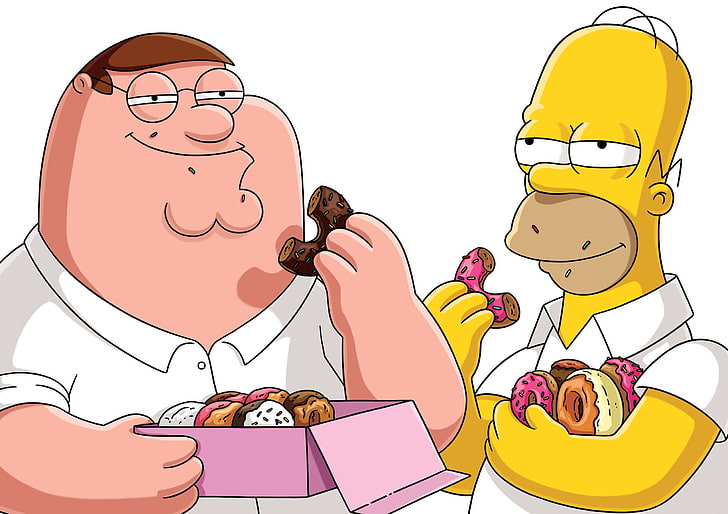 the simpsons, family guy, Homer, Peter Griffin, fat, donuts, Matt Groening, HD wallpaper
