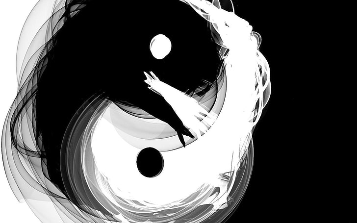 Wallpaper gambar Yin Yang, Yin dan Yang, satu warna, abstrak, seni digital, Wallpaper HD
