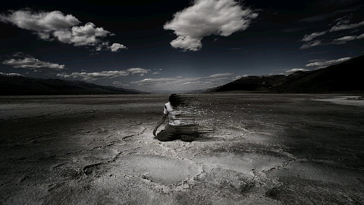 человек на песке цифровые обои, небо, облака, ветер, люди, исчезновение, HD обои