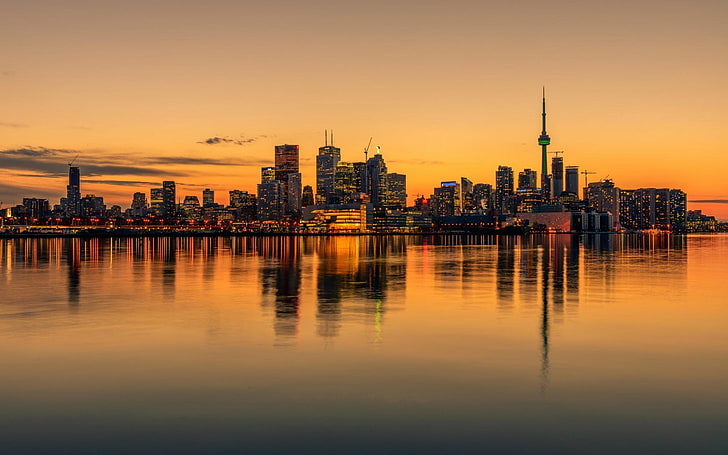 Canada, Cityscape, reflection, skyline, sunset, Toronto, water, HD wallpaper