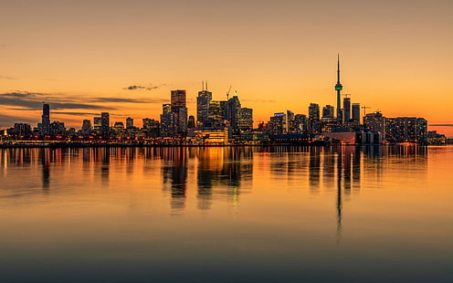 Canadá, Paisagem urbana, reflexão, linha do horizonte, pôr do sol, Toronto, água, HD papel de parede HD wallpaper