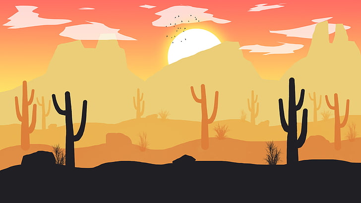 Desert, sand, sunset, Sun, mountains, landscape, cactus, grass, rocks,  Photoshop, HD wallpaper | Wallpaperbetter
