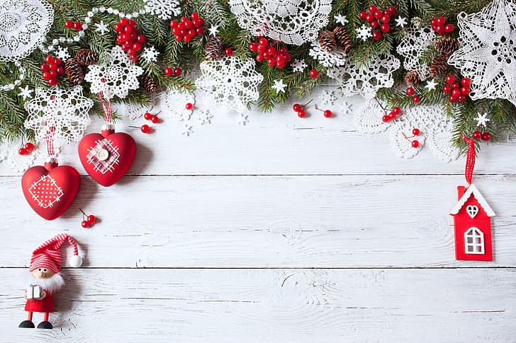 decoration, snowflakes, berries, tree, New Year, Christmas, hearts, wood, Merry Christmas, Xmas, HD wallpaper