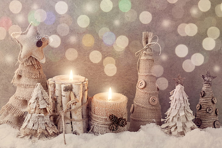 beżowe dekoracje choinkowe, dekoracje, Nowy Rok, Boże Narodzenie, vintage, Happy, Merry, Tapety HD