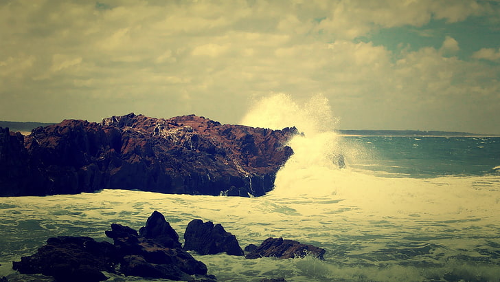 filtro, natureza, colisão, ondas, rocha, mar, paisagem, nublado, costa, HD papel de parede