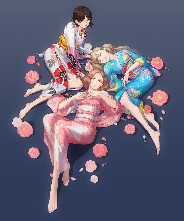 Persona 5, Ann Takamaki, Okumura Haru, Makoto Niijima, chicas anime, pies, yukata, Fondo de pantalla HD, fondo de pantalla de teléfono