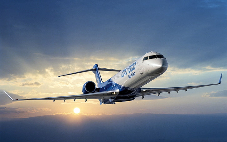 white and blue plane, plane, sky, flight, aviation, HD wallpaper